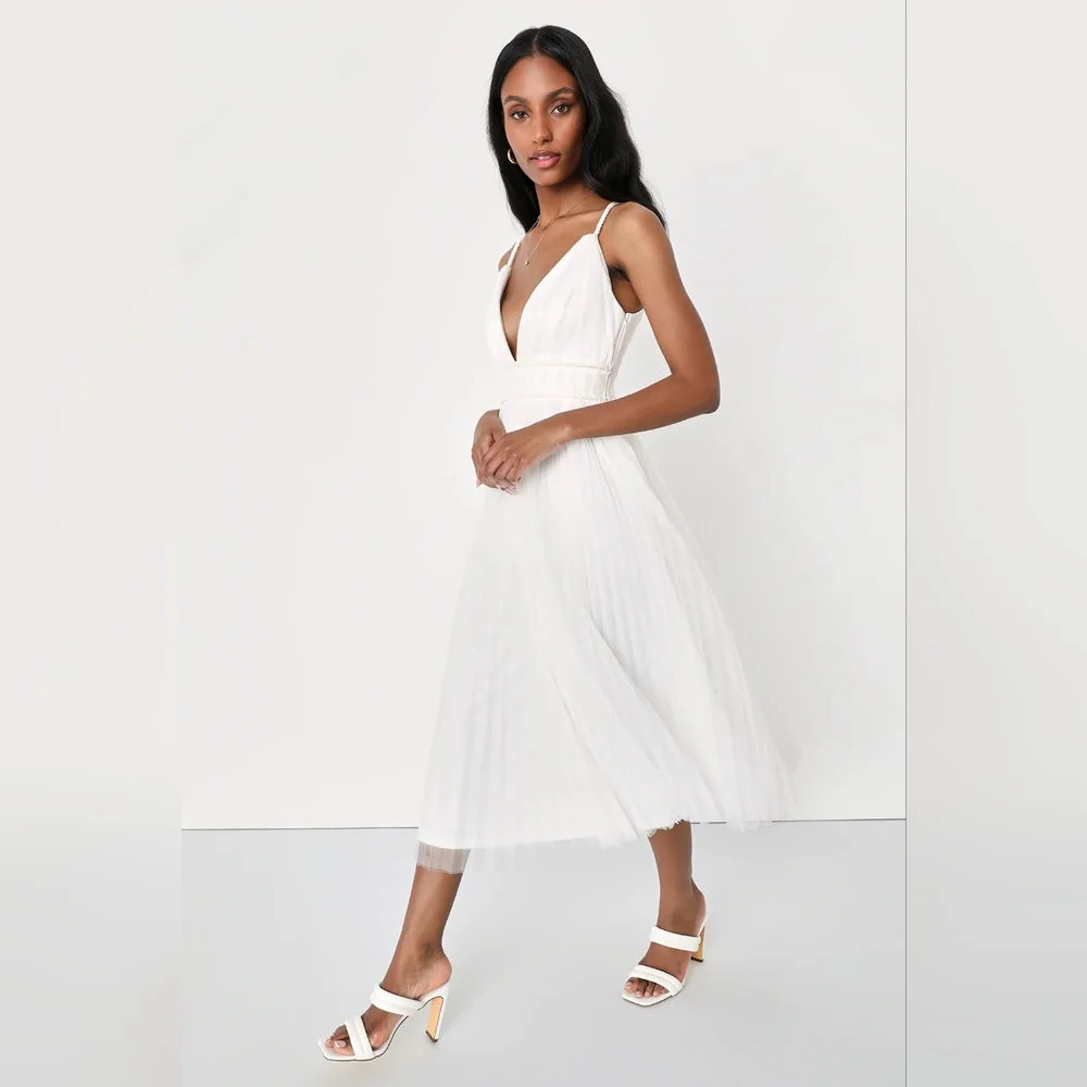 Lulus Sweet Goddess White Mesh Pleated Sleeveless Midi Dress - Picture 3 of 5